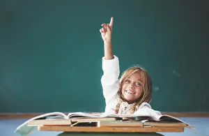 Blackboard Prints: Happy schoolgirl with hand up
