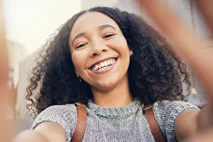 Selfie Prints: Happy, selfie and portrait of a woman in the city for exploring or sightseeing on weekend trip
