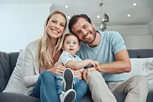 Lounge Prints: Happy, smile and portrait of a family on a sofa relaxing