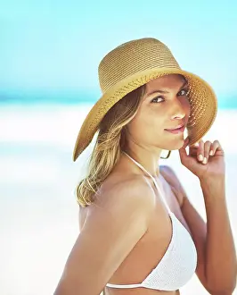 Bikini Prints: Happy, space and portrait of woman at beach for summer vacation