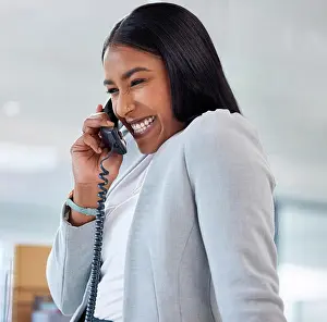 Joke Prints: Happy, telephone and woman on a phone call in the office laughing for a comic funny joke