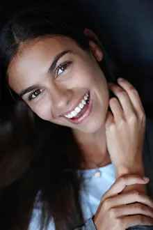 Shine Prints: Happy woman, beauty or portrait in studio for skincare or cosmetology for natural shine or face