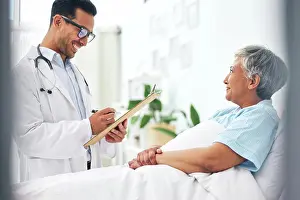 Paperwork Prints: Happy woman in bed, doctor with medical chart and checklist for health insurance