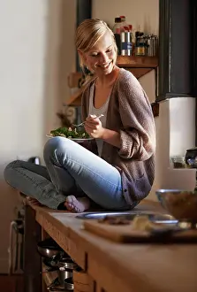 Vegetables Prints: Happy, woman and eating salad in kitchen at home
