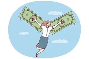Neuerung Prints: Happy woman flies in sky among clouds using banknotes instead of wings Happy woman flies in sky among clouds using