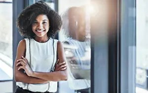 Ambition Prints: Happy woman, portrait or confident at window for business