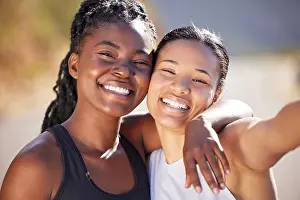 Runner Prints: Happy woman, portrait and friends with hug for selfie in outdoor workout