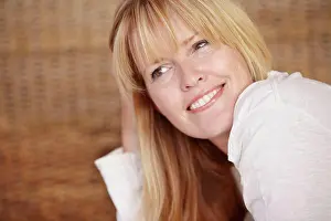 : Happy, woman and smile with face for thinking