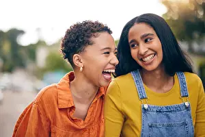 Joke Prints: Happy, women and friends in park with laugh and funny joke with bonding and gossip outdoor