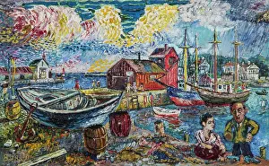 Private Collection Prints: Harbor Scene with Ivan Bunin and Vera Muromtseva, Burliuk, David Davidovich (1882-1967)