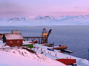 Norway Prints: Harbour area. Russian coal mining town Barentsburg at fjord Groenfjorden