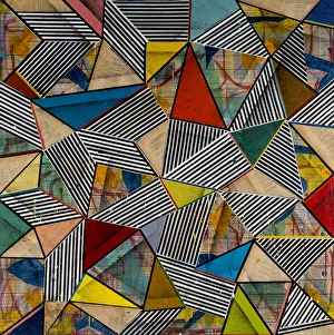Bold Prints: A hard-edge abstract composition featuring sharp lines in bold colors forming triangles that compete with black