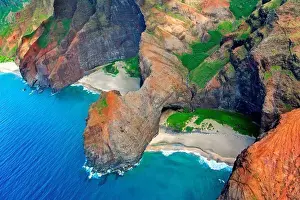 Coast Prints: Hawaii, Kauai, Na Pali Coast, Aerial of coastal cliffs and Honopu Beach or Cathedral Beach