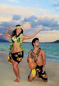 Polynesian Prints: Hawaii, Oahu, Hula Dancer Couple Along Beach Shoreline At Sunrise