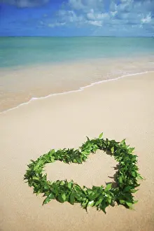 Gorgeous Prints: Hawaii, Oahu, Kualoa, Heart shaped Maile Lei on the beach