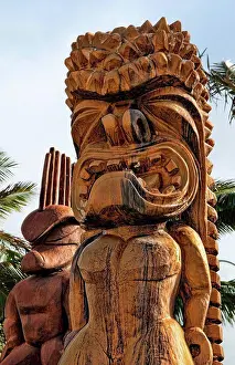 Tooth Prints: Hawaii, Oahu, Large Wooden Tiki Statues Greet Visitors Outside Of The Polynesian Cultural Center Entrance