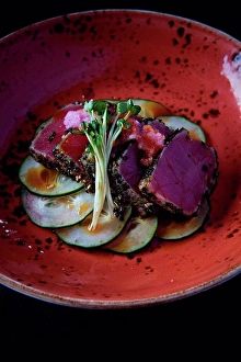 Seafood Prints: Hawaiian dish with cucumber and garnish