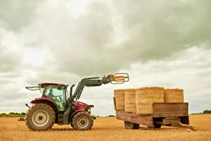Packing Prints: Hay, countryside and a tractor on a farm for sustainability outdoor on an open field during the harvest season