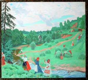 Traditional Dress Prints: Hay Making by Kustodiev, Boris Michaylovich (1878-1927)/ State Tretyakov Gallery