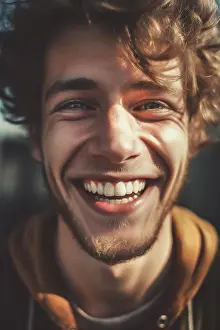 Artificial Intelligence Prints: Head shot of young man smiling to the camera. Generative AI