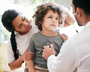 Cardio Prints: Healthcare, child and doctor consultation for heartbeat with stethoscope