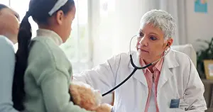 Diagnosis Prints: Healthcare, stethoscope and doctor with child listening for consulting