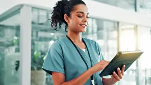 Expert Prints: Healthcare, woman and nurse with tablet for research