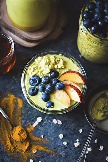 Breakfast Prints: Healthy Golden milk overnight oats for breakfast with fresh fruits gluten-free)