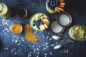 Wellness Prints: Healthy Golden milk overnight oats for breakfast with fresh fruits gluten-free)