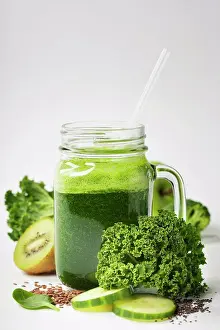 Wellness Prints: Healthy green smoothie and ingredients on white - superfoods