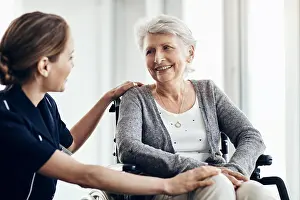 Disability Prints: Help, nurse and senior woman in wheelchair for assistance