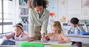 Exam Prints: Help, teacher and woman with education