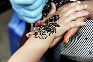 Tattoo Prints: Henna tattoo on a woman's hand, Asilah, Morocco, Africa