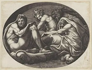Voorkeursbeeld Prints: Hercules, Bacchus, Pan and another God; Oval ceiling paintings in the d'ulysse gallery in Fontainebleau