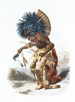 1800s Illustrations Prints: Hidatsa warrior wearing ceremonial costume for the Dog Dance. ca 1839-1841