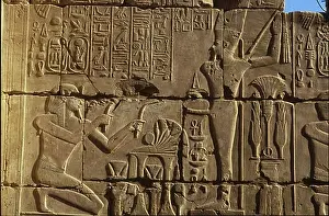 Bas Relief Prints: Detail of hieroglyphics carved into stone wall of Karnak Temple, Karnak, Luxor, Egypt