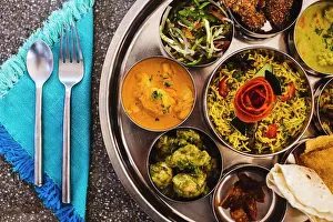 Lunch Prints: High angle close up of traditional Indian lunch with rice
