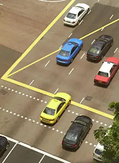Mall Prints: High angle of street, cars and parking lot for road infrastructure