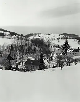 Covering Prints: High angle view of buildings on a snow covered landscape, East Corinth, Vermont, USA