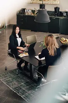 Networks Prints: High angle view of female professionals working together at conference table