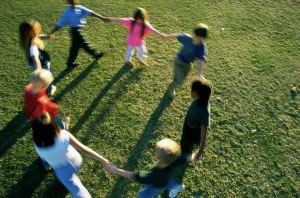 4 5 Years Prints: High angle view of a group of children playing on a lawn