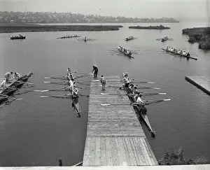 Water Vehicle Prints: High angle view of rowboats in a sweep rowing race, Lake Washington, Washington, USA