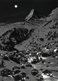 National Landmark Prints: High angle view of a village lit up at night, Matterhorn, Switzerland