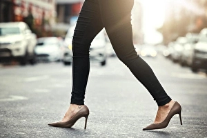 Heels Prints: High heels, business and woman crossing the street closeup in a city on her commute to work
