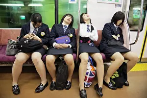 Serene People Prints: High school students sleeping in a subway train, Tokyo, Japan