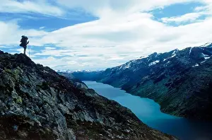 Hike Prints: Hiker standing above Gjende (or Gjendin) Lake in the Jotunheimen mountains in Norway's Jotunheimen National Park