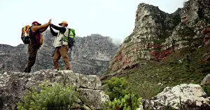 Fresh Air Prints: Hiking, friends and men on mountain high five with backpack for adventure