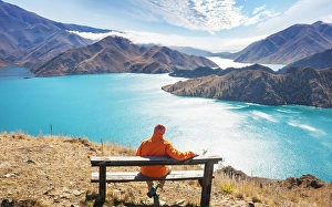 Hikers Prints: Hiking and tramping in New Zealand. Travel and adventure concept
