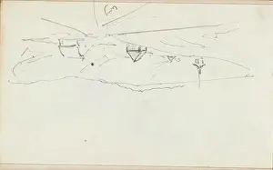 Sketchbook Prints: Hill landscape with houses and a church on a road