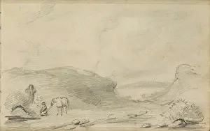 Sketchbook Prints: Hilly landscape with a kneeling figure for a cross